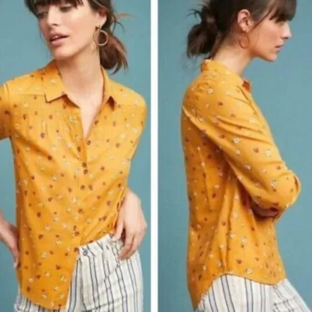 Maeve Anthropologie yellow floral button down shirt